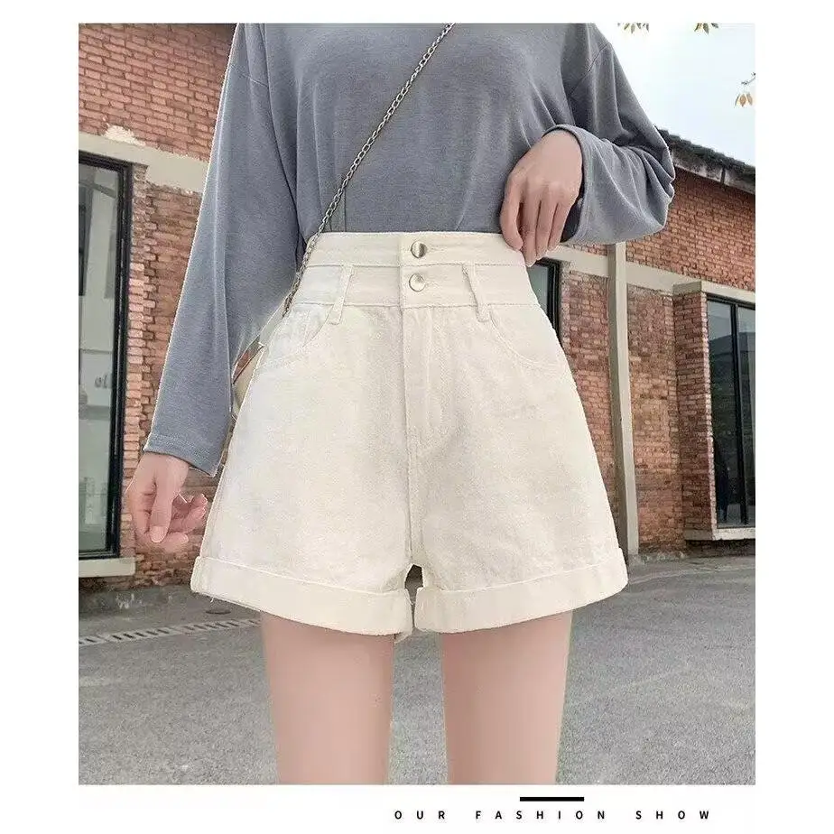 

Женские джинсовые шорты А-силуэта с высокой талией, свободного кроя, с двойными отворотами, утягивающие, летние, для студентов