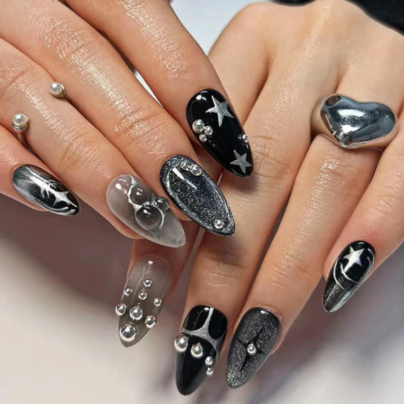 Uñas postizas largas y puntiagudas para manicura, accesorios de uñas postizas, tinte de líneas plateadas, Halo negro y rojo, herramienta de manicura para Halloween