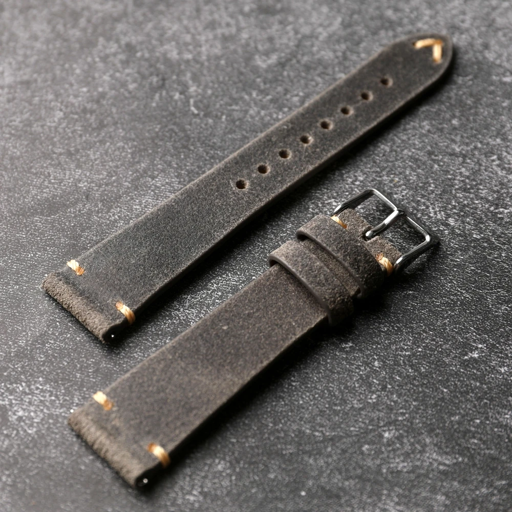 Handmade Handmade UK Charles F Stead STONE (Rock Grey) Vintage Leather Strap Waxy Commander 18 19 20 22MM Leather Bracelet Quick