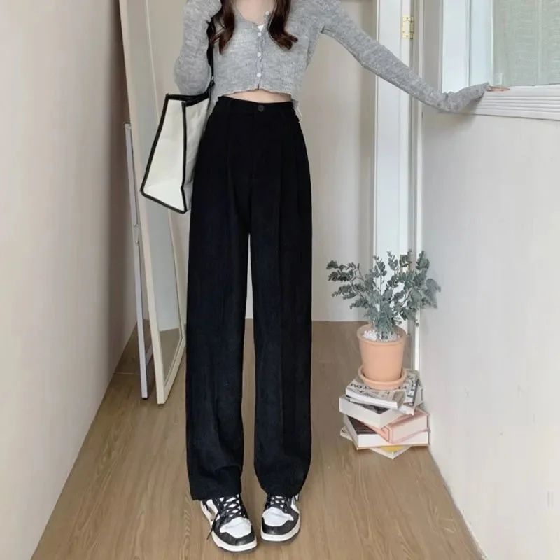 GELITAYIN Vintage High Waist Corduroy Pants Women Spring Fall Straight Causal Full Length Trousers Korean Fashion All Match Blac