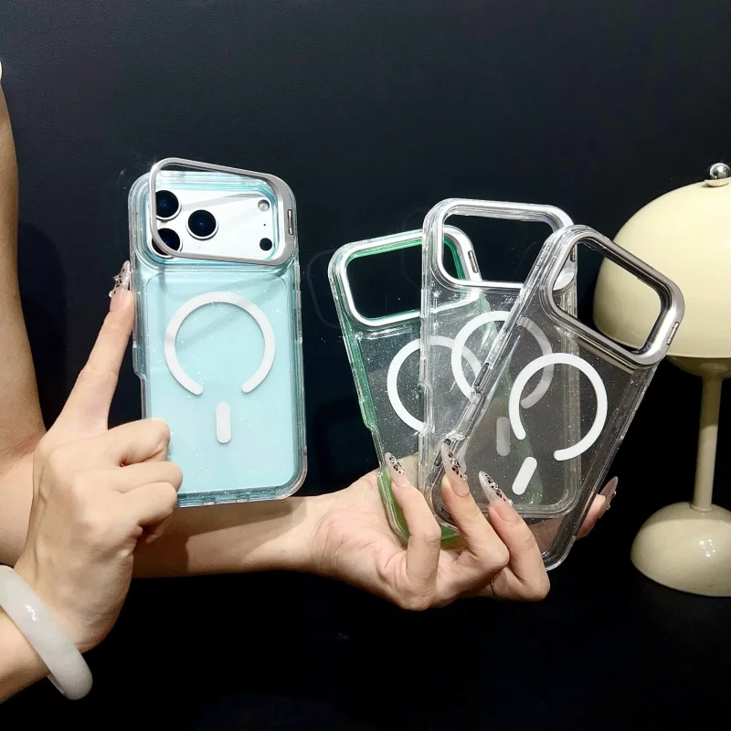 Luxuriöse Glitzernde Magsafe-Hülle für iPhone 17 16 15 14 13 Pro Max Stoßfeste Metall-Kamera Candy Transparente Magnet-Abdeckung