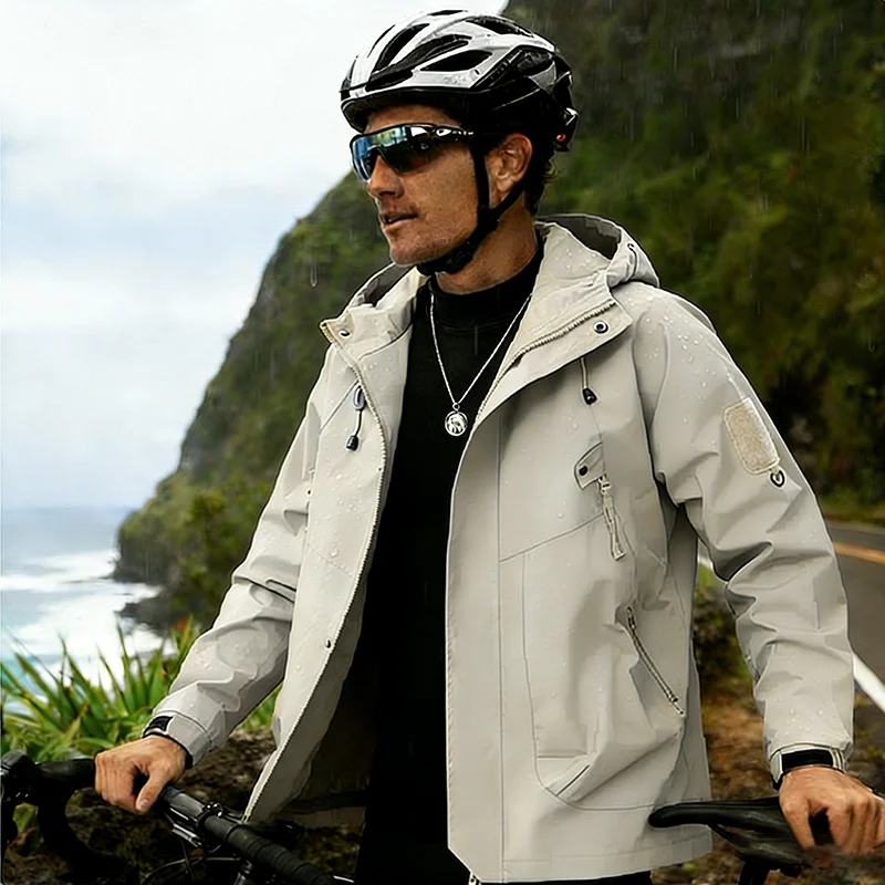 Spring Autumn Men's Hooded Jacket Outdoor Windbreaker Windproof Waterproof Mountain Skiing Hiking Camping Multiple Pocket Jacket