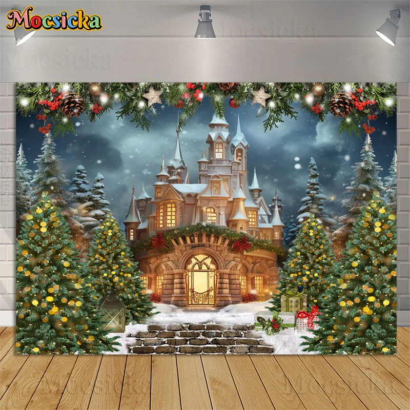 Winter Castle Photography Background Christmas Tree Forest Snow Gravel Road Decor Kids Family Portrait Backdrops Photo Studio