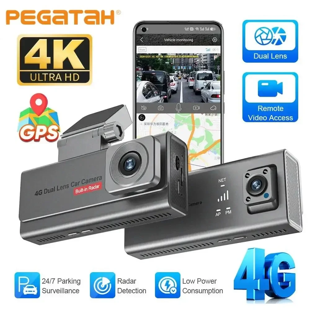 

4K 4G Sim Car Surveillance Camera Dual Lens Dashcam Human Detection All Round 24/7 Parking Monitoring Remote Live View ACC Power