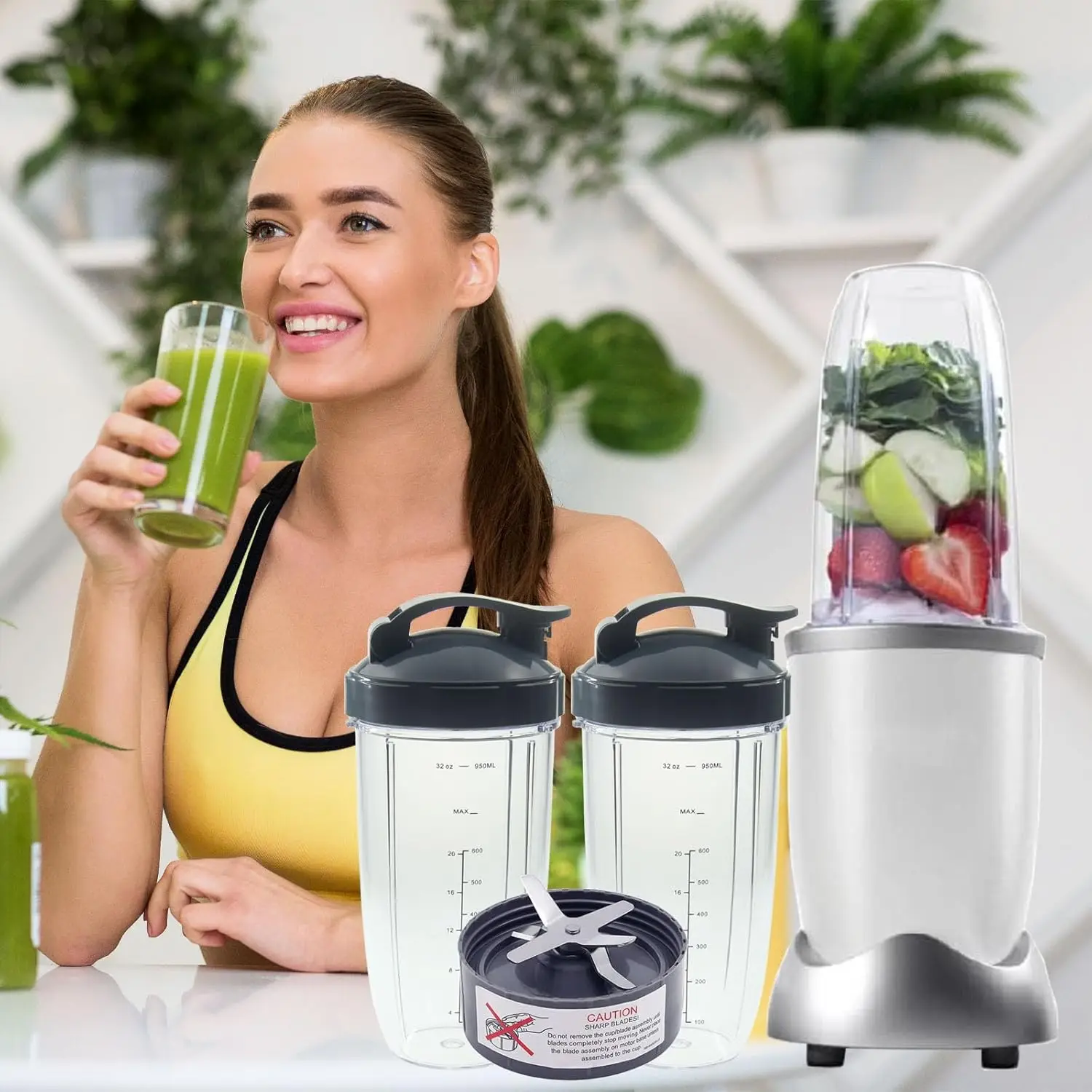 32oz Blender Cups with Flip-Top To-Go-Lid and Extractor Blade Compatible with NutriBullet 600w/900w Blender with  Cleaning Brush