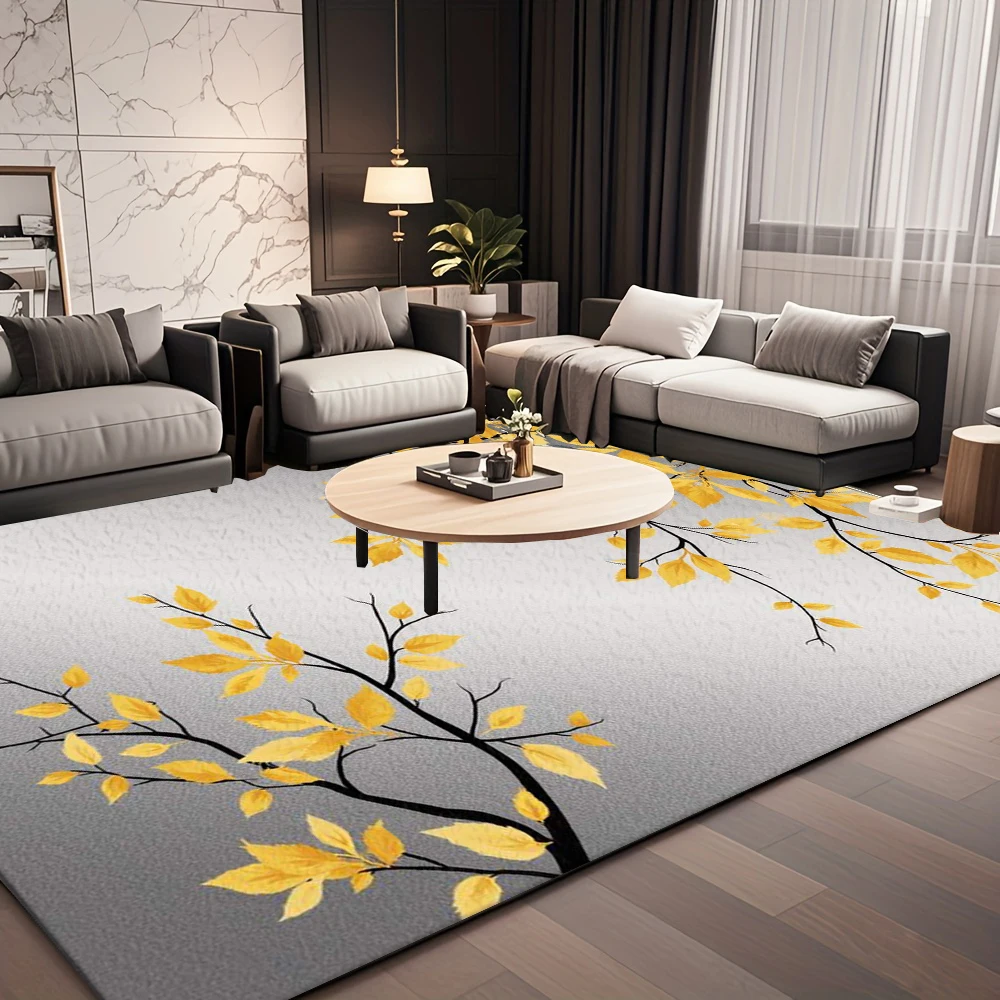 Golden Autumn Leaf Branch Area Rug, Art Decor Floor Carpet For Living Room Bedroom