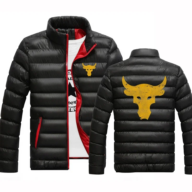 

Dwayne Johnson Brahma Bull Tattoo Logo Print Autumn Winter Mens Popular Solid Color Splicing Stand Collar Comfortable Down Coat