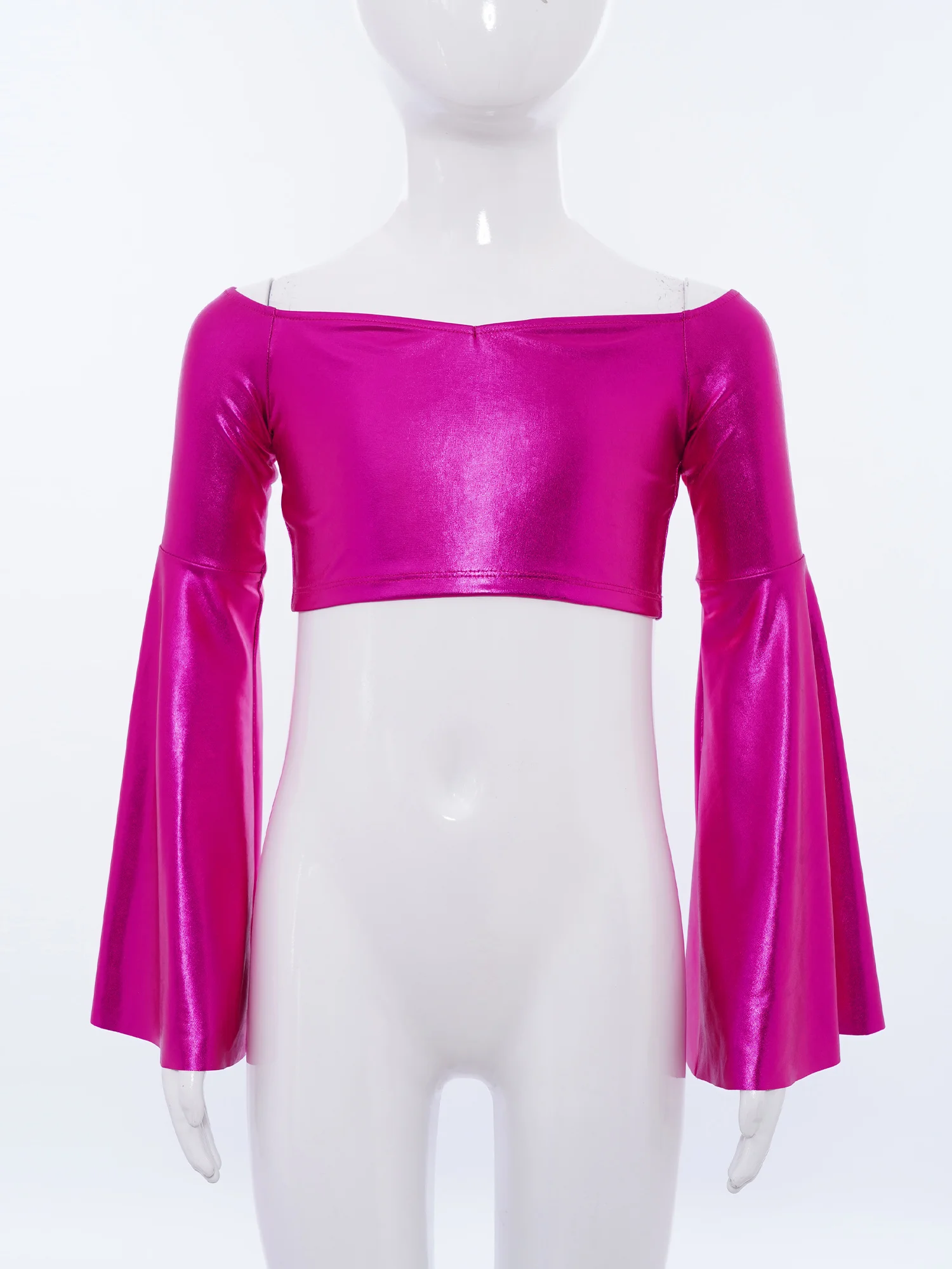 Kids Girls Jazz Dance Crop Top Long Flared Sleeve Off-Shoulder Metallic Shirt for Birthday Party Stage Performance Dancewear