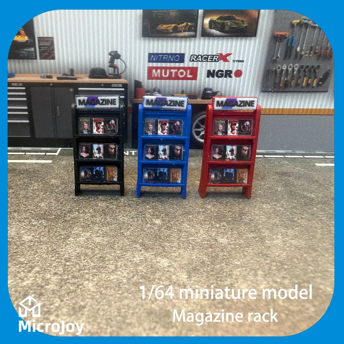 Cenário Detalhado: Miniatura em Escala 1:64 de Oficina de Reparo de Carros, Suporte para Revistas, Mini Estante de Livros, Decoração de Cenário de Carro com Layout Vintage