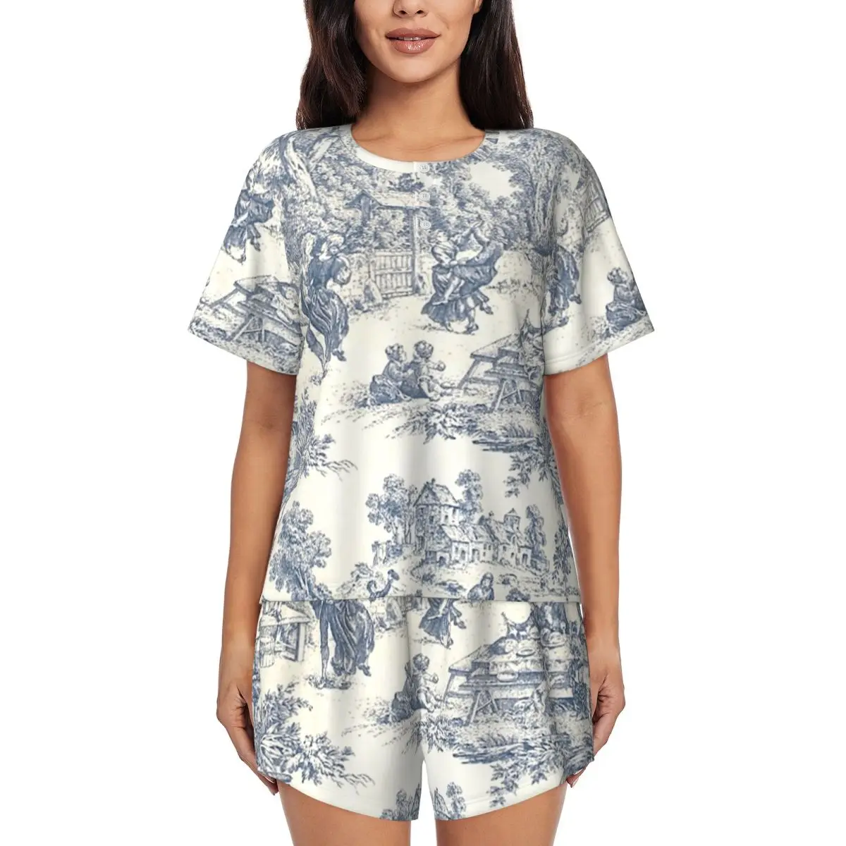 

Ночная рубашка Toile De Jouy Number 2 с круглым вырезом и короткими рукавами для сна, женский свободный пижамный комплект с короткими штанами