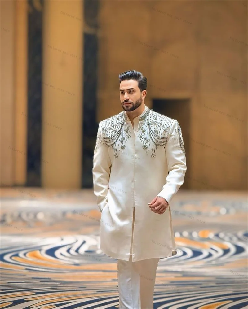 

Luxury Groom Men Suits Pants Set 2 Pcs Crystals Long Blazer+Trousers Cotton Wedding Tuxedos Prom Jacket Formal Business Coat