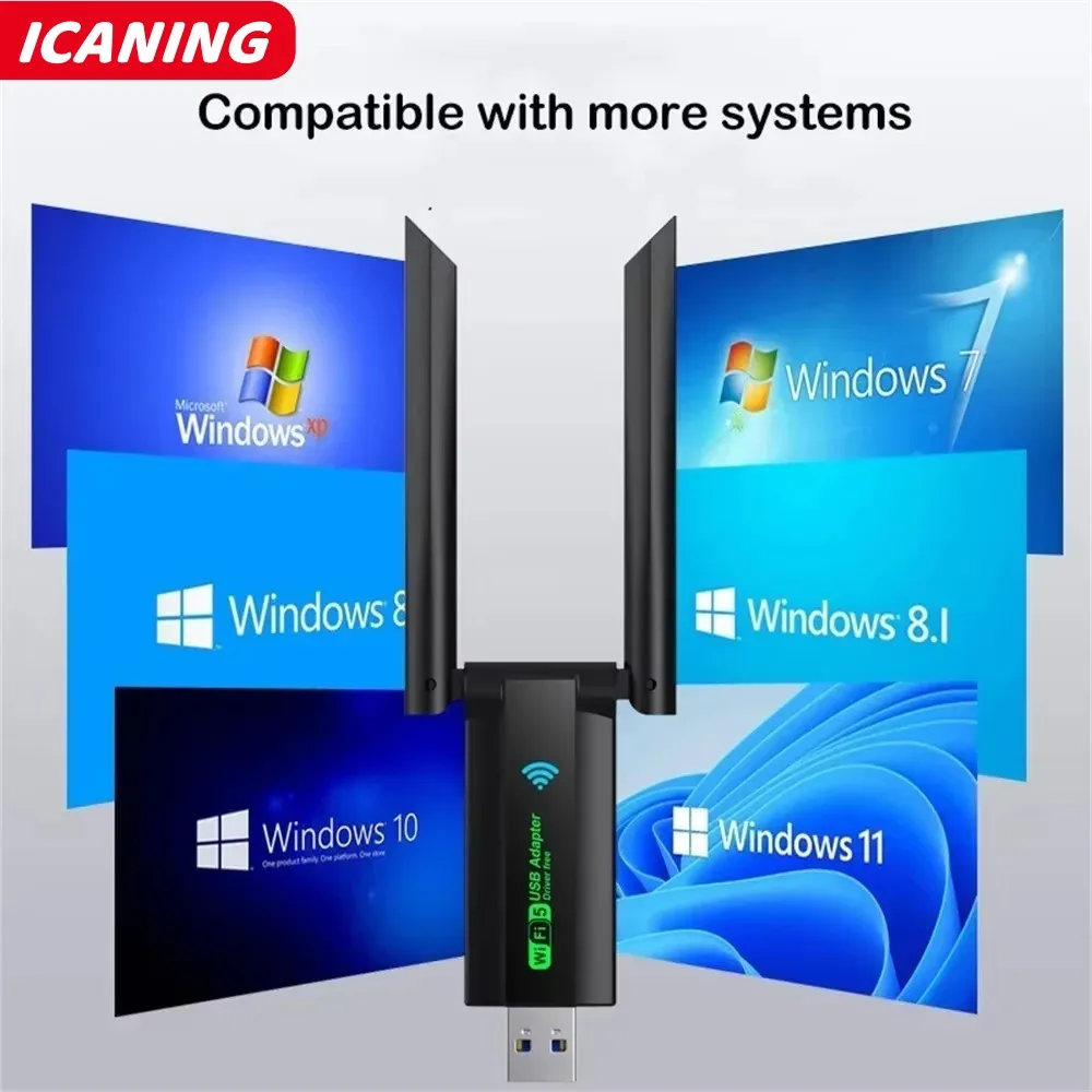 1300Mbps واي فاي USB محول ثنائي النطاق 2.4G + 5Ghz واي فاي دونغل 2 هوائي 802.11AC USB3.0 عالية السرعة استقبال البطاقة اللاسلكية الكمبيوتر/الكمبيوتر المحمول
