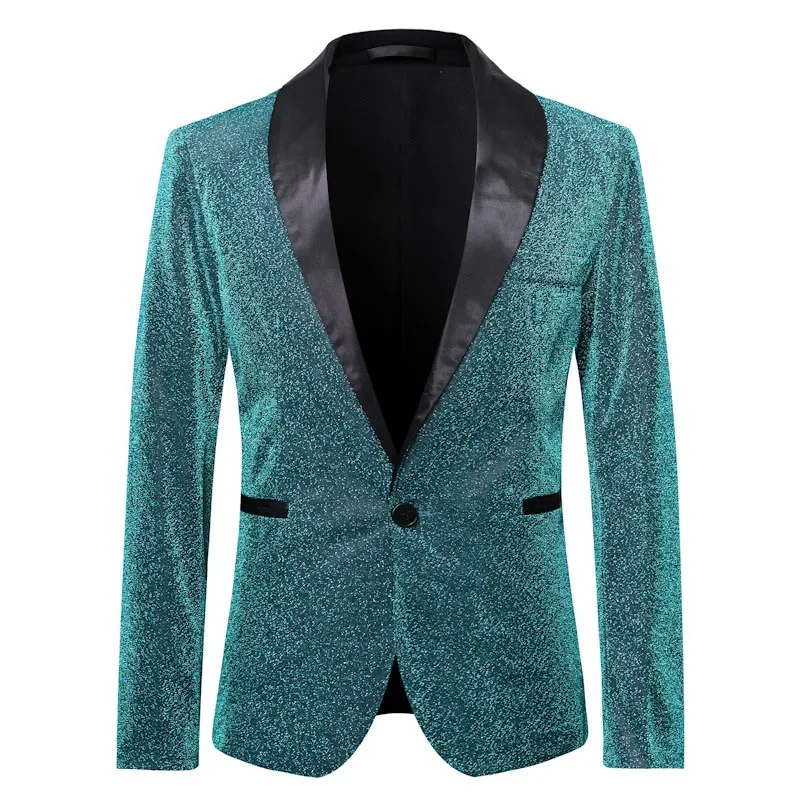 Men Shawl Lapel Blazer Slim Fit One Button Shiny Blue Glitter Suit Jacket Men DJ Nightclub Stage Singer Clothes Costume