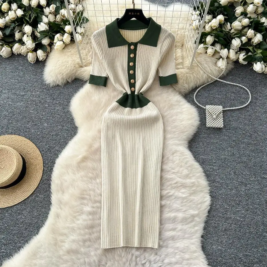 ผู้หญิงเก๋ฤดูร้อนSlimเสื้อโปโลคอBodyconถักชุดยาวVINTAGE PARTY Patchwork SheathชุดElegant Tunic Office vestidos