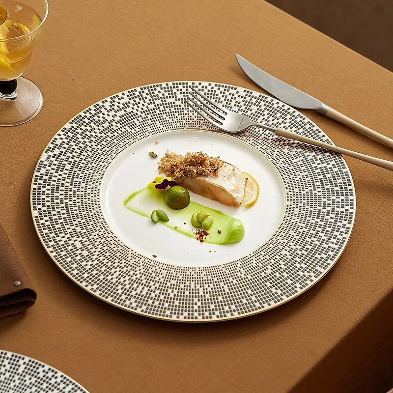 Ceramic Printed Western Tableware Beef Flat Plate Salad Rice Bowl Pasta Soup Plate Circular Light Luxury Retro Dinner Plates G