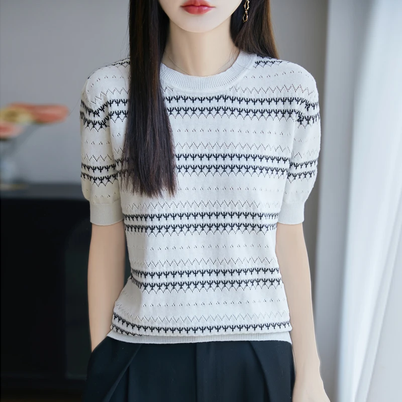 Summer 100% Pure Cotton Women's T-Shirt Casual Striped Knitted Pullover Short Sleeved Loose Round Neck Tees Pull Vest Tops