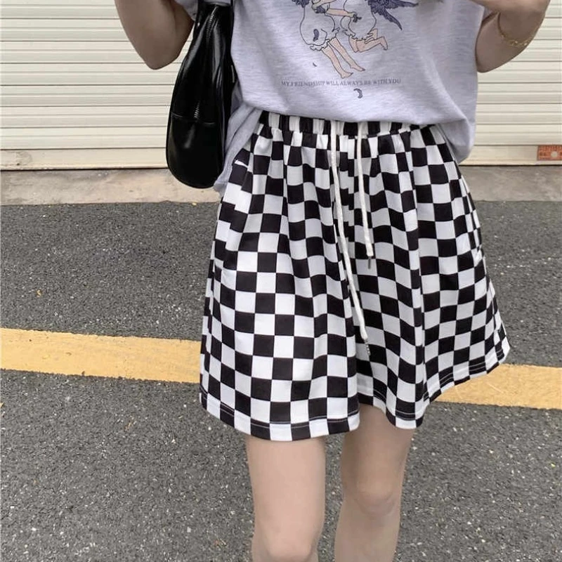 Plaid Shorts Women Korean Style Casual Daily High Waist A-line Versatile Fashion Thin Drawstring Straight Leg Short Pants Female
