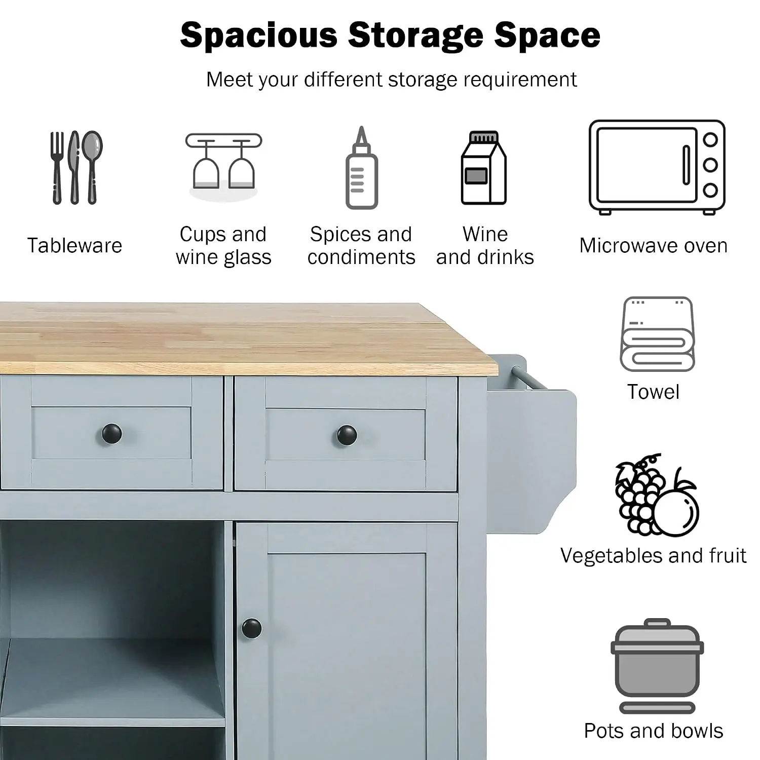 Kitchen Island Cart Rubber Wood Drop-Leaf Countertop 5 Wheels Storage Cabinet 3 Drawers Dining Room, Customized