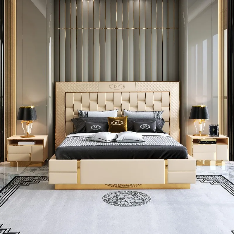 #Luxury Upholstered Storage Bed Frame with 4 Drawers, Oversized Tufted Leather Headboard, Gold Stainless Base, Custom OEM