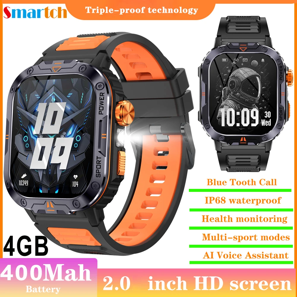 4Gb Local Music Recording Smartwatch Men Women Outdoors Sports Blue Tooth Call Waterproof  Smart Watch Flashlight Health Monitor