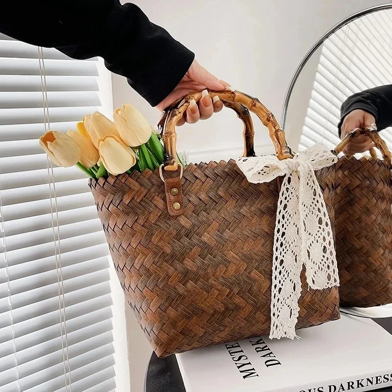 Women Woven Straw Handbag Casual Handmade Hollow Design Rattan Shoulder Bags Ladies Bohemia Summer Travel Beach Shopper Totes