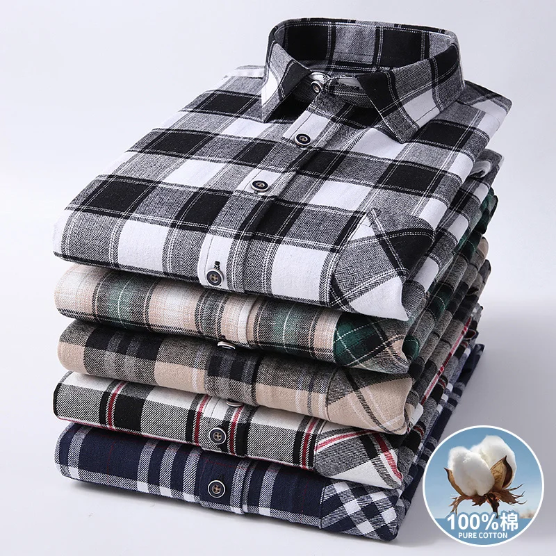 Men Fashion Long Sleeve Brushed Flannel Shirt Single Pocket Comfortable 100% Cotton Casual Slim Fit Button-down Plaid Shirts 8XL