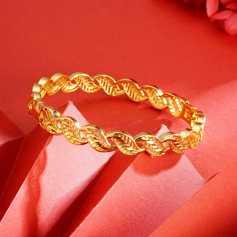 

Pure 18K Gold Color Bracelets for Women Advanced Fried Dough Twists Braid Explosion Flash Bracelet Open Bracelet Jewlery Gifts