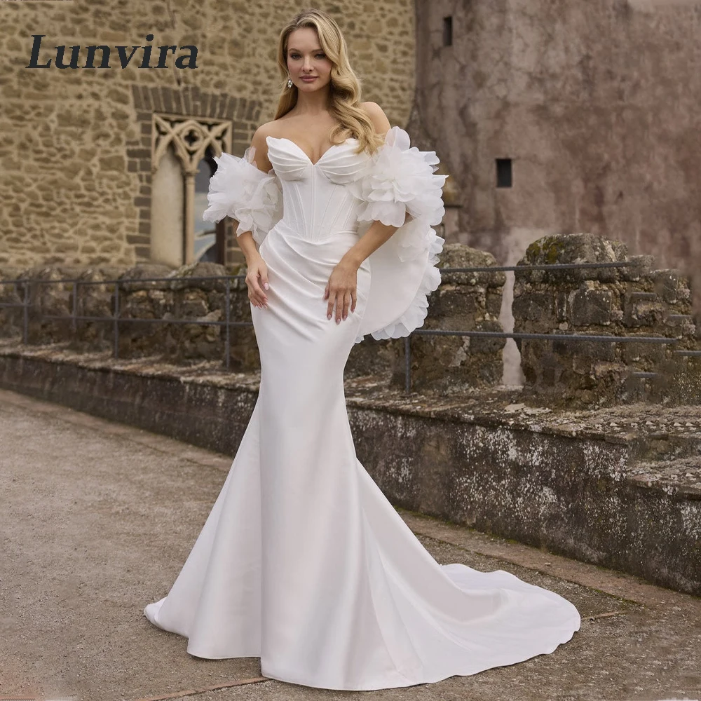 Lunvira Trendy Cape Brides Dress Satin V-neck 3D Flowers Trumpet Sleeveless Chapel Train Pleat Vestido De Casamento Customized