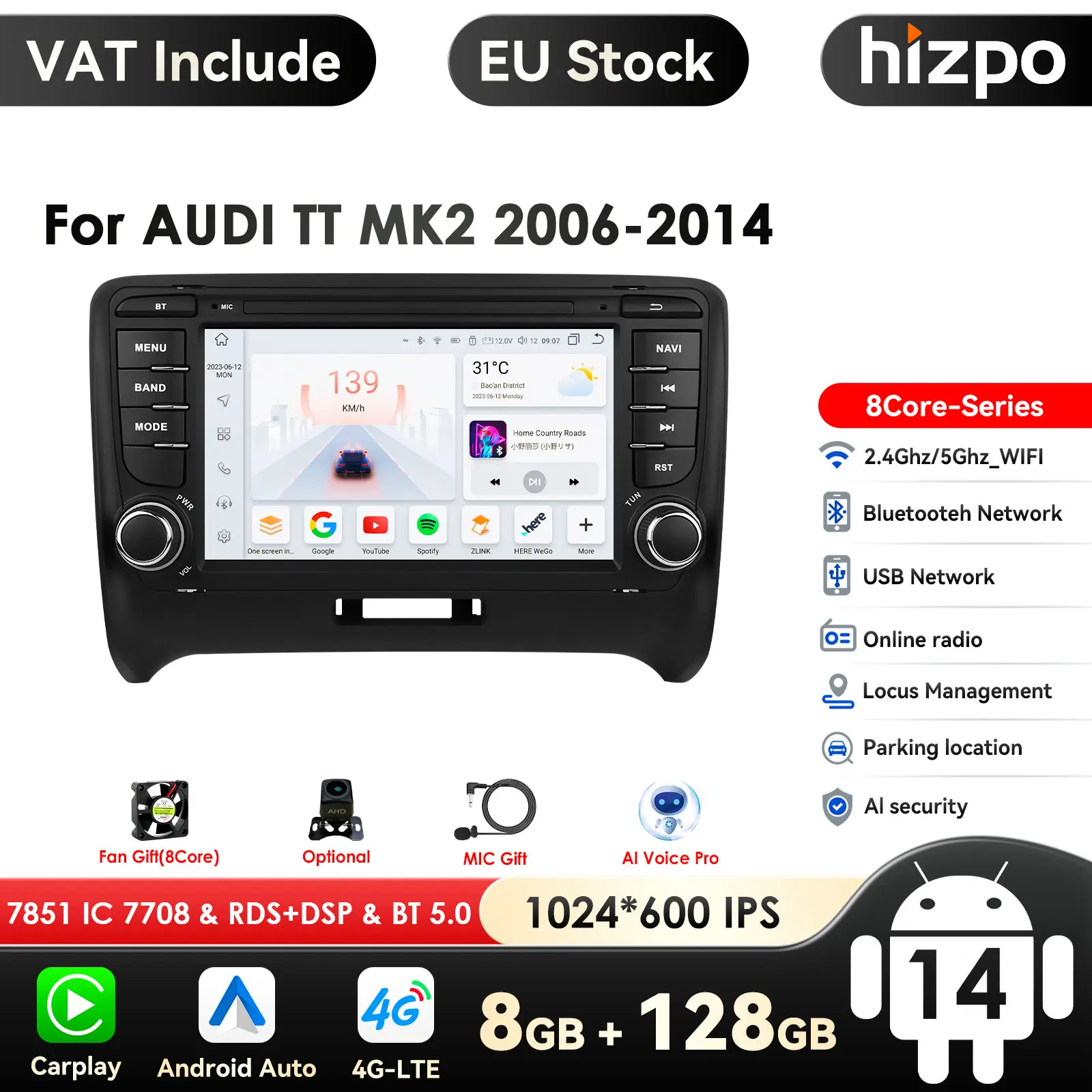 Carplay 4G 7 "AI 2Din Autoradio Android per AUDI TT MK2 8J 2006-2014 lettore multimediale navigazione GPS 2 Din Autoradio Stereo DSP