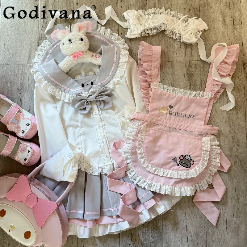 

Original Japanese Soft Girls Kawaii Skirt Set Autumn New Girl's Navy Collar Long Sleeve Shirt Cake Skirt Knitted Sweater Apron