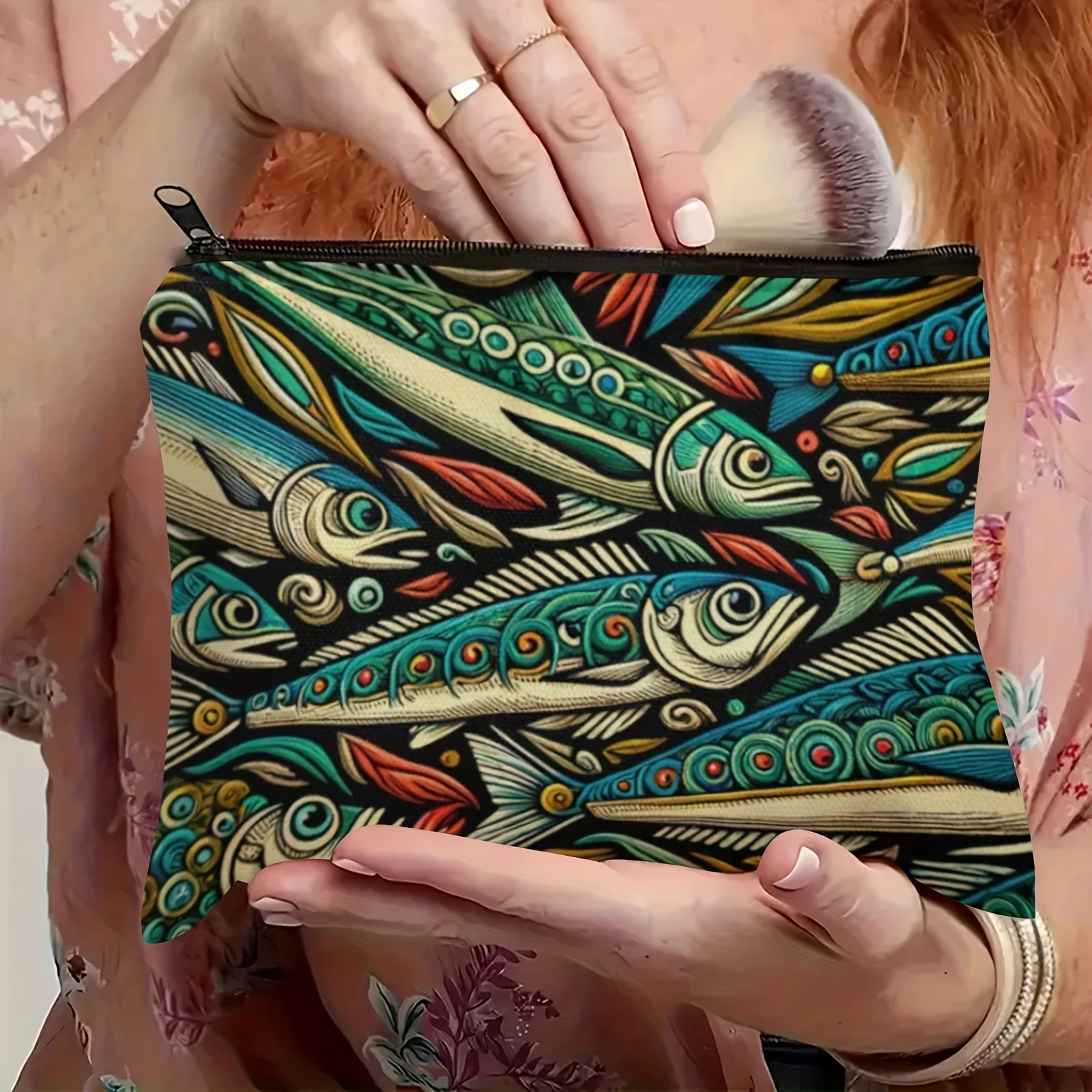 Colorful Sardine Design Cosmetic Pouch - Durable Fabric Travel Toiletry Bag & Change Purse