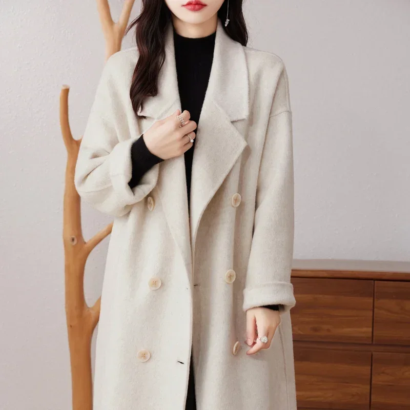 Women's Double-Faced Cashmere Coat, Mid-length Suit Collar, Double-Breasted, 100% Wool, High-End