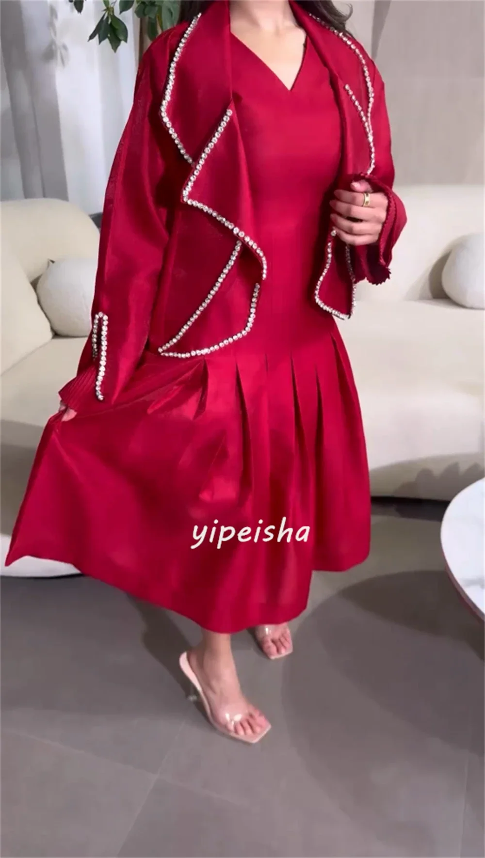 Customized Satin Sequined Ruched Party A-line V-neck Bespoke Occasion Gown Midi Dresses image 4