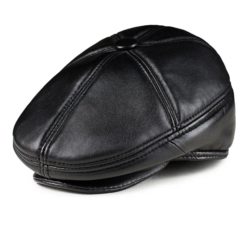 Black natural Leather Beret for Men Women Autumn Winter Thick Warm Genuine Sheepskin Leather Cabbie Cap Leather Hat Flat Hat