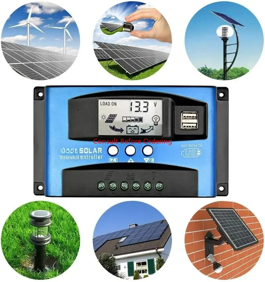 Solar Charge Controller LCD Display Dual USB Multiple Load Control Modes,12v/24v Current Auto Focus 30A 40A 50A 60A 100A