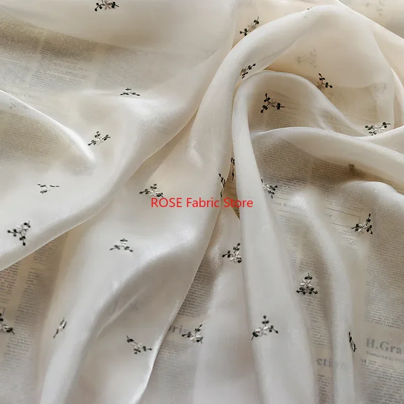 

3D Small flower Embroidery Bright Silk Satin Fabric For Wedding Dress, Blouse, Spring Dress, Vacation Party dress
