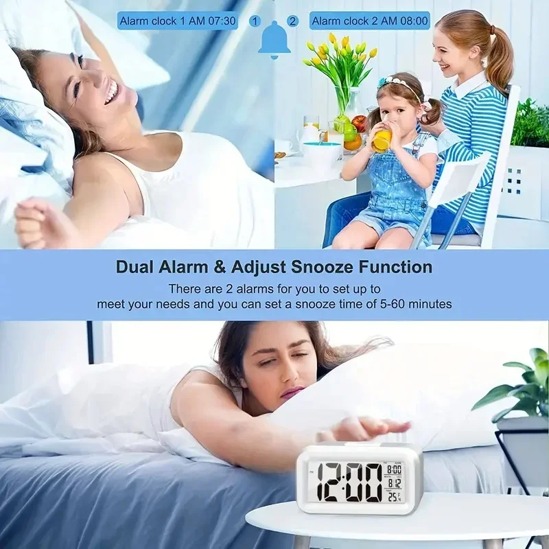 Smart Digital Alarm Clock with Temperature Calendar Timer, LED LCD Display for Bedroom Office Desk, No Battery Included - Image 6