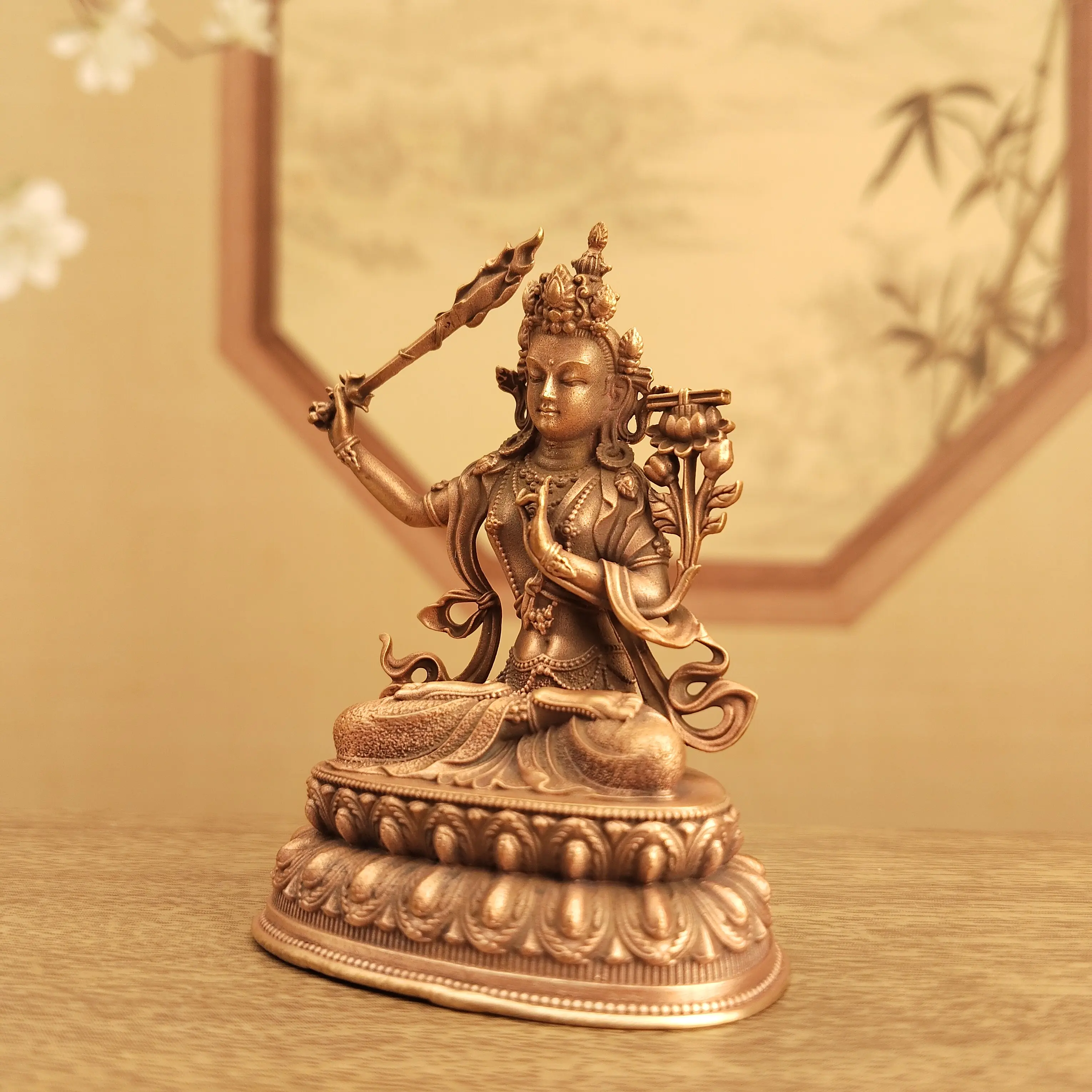 Copper Manjushri with Wisdom Sword Portable Small Statue 6cm Altar Car Office Blessing