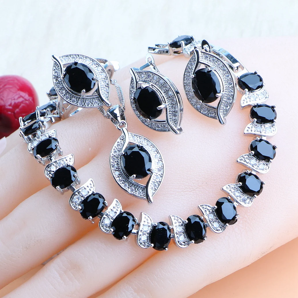 Ladies Black Zircon 925 Silver Jewelry Sets Bridal Earrings For Women Charms Bracelets Ring Pendant Necklace Set Wedding Jewelry