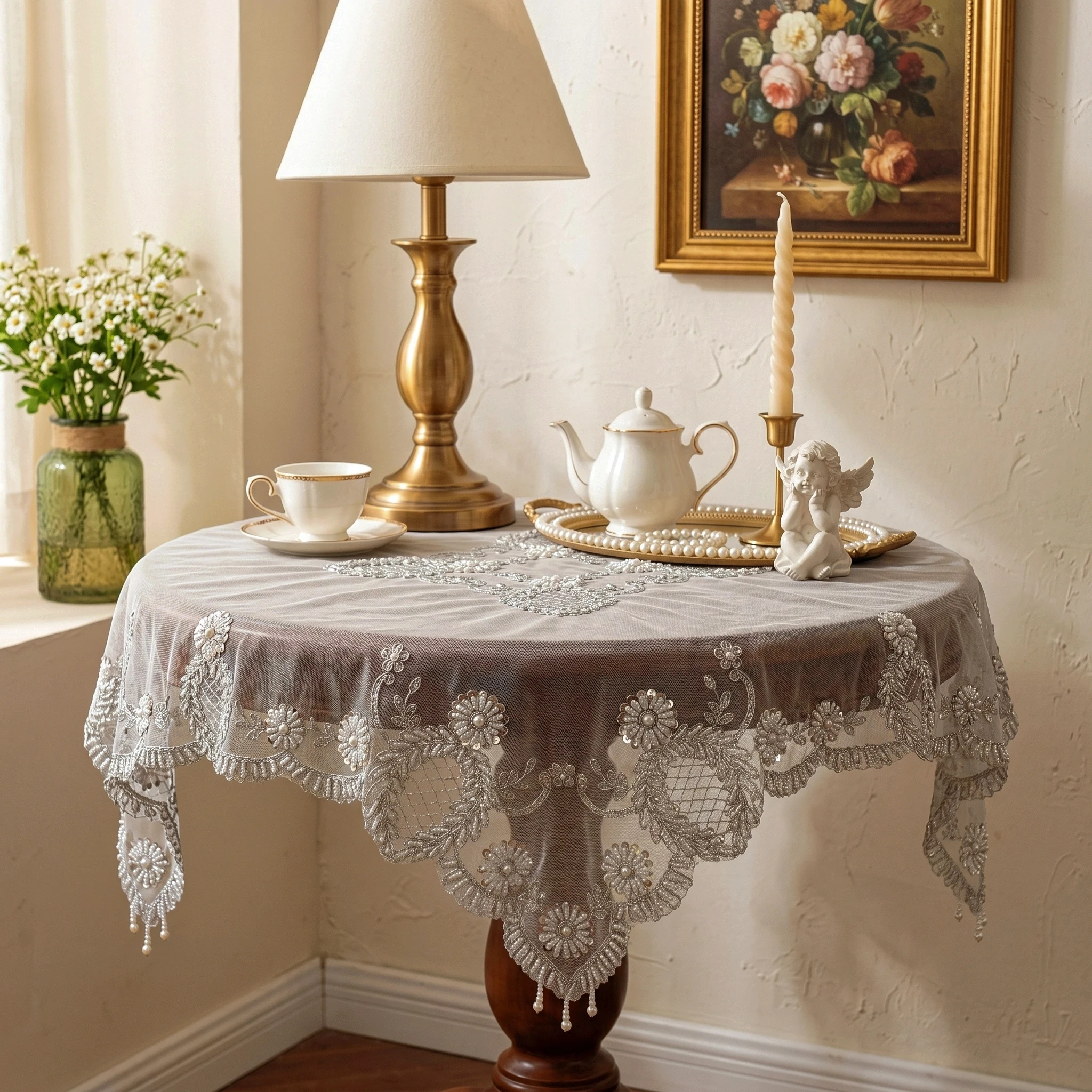 Square Lace Tablecloth for Round Table Tulle Table Runner Handmade Table Towel Silvery Embroidery Table Covers Grand Decor