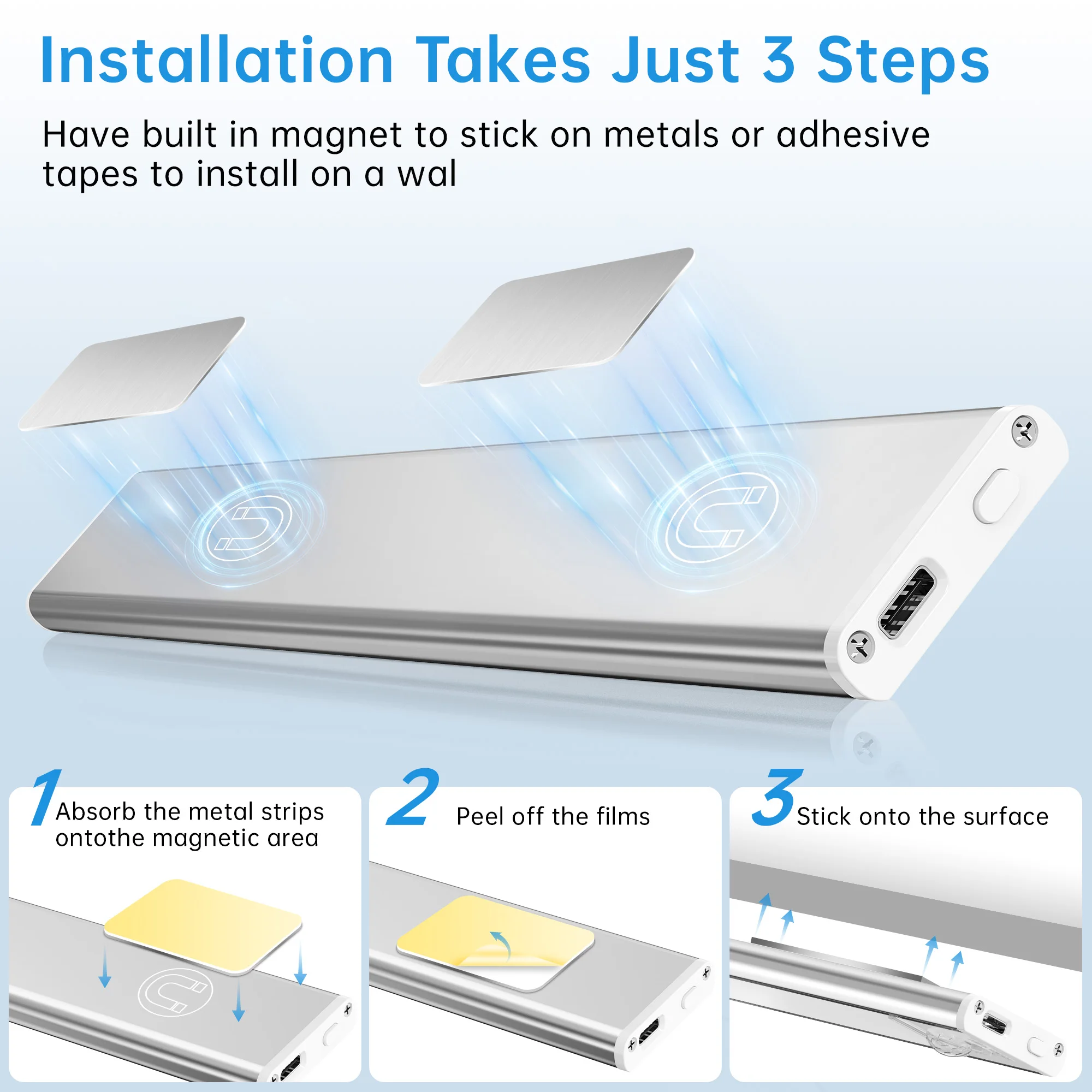 PZSUNLY LED محس حركة ضوء قابلة للشحن المغناطيسي ضوء الليل 3 ألوان عكس الضوء إضاءة الخزانة للمطبخ LED ضوء خزانة الملابس #5