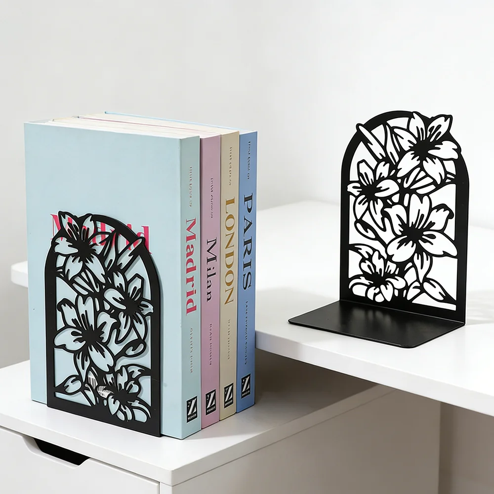 Plant decorative black metal book holder, strong load-bearing capacity, suitable for bookshelves, modern library style.