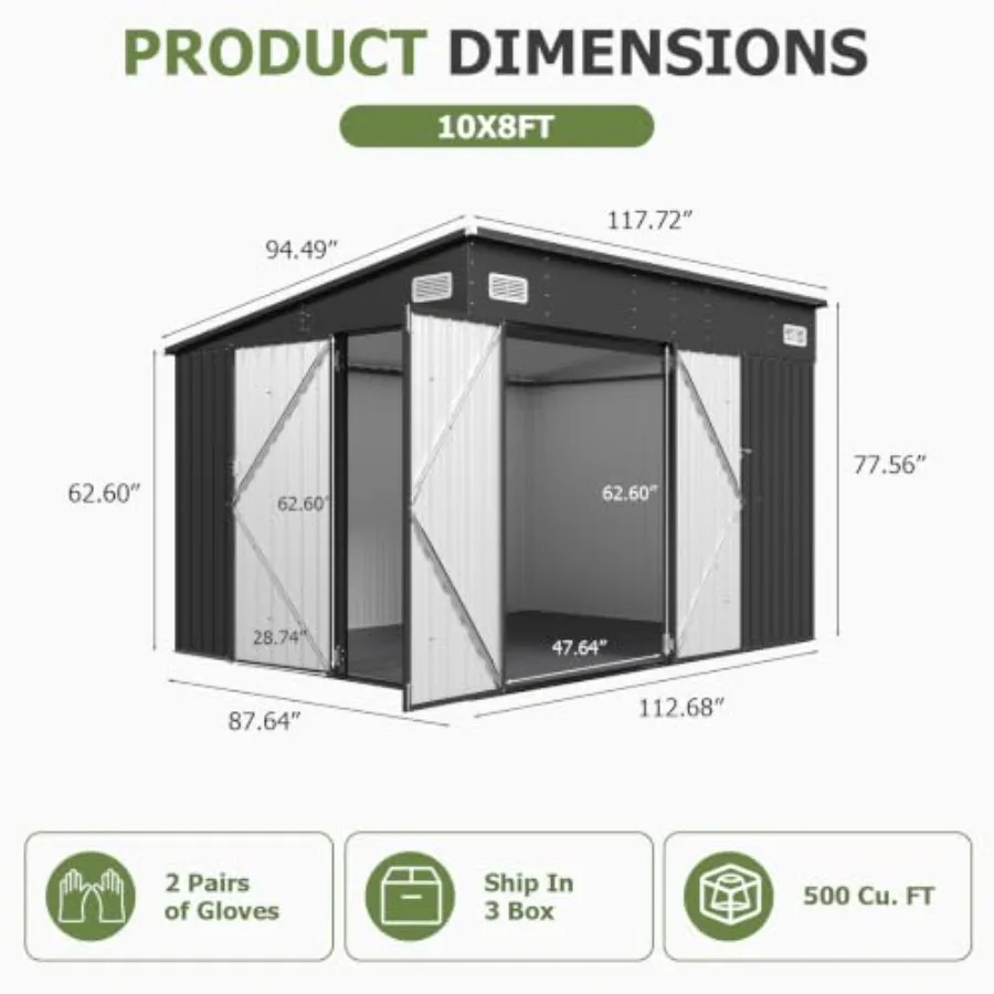 9.5'x7.5' Outdoor Storage Shed with 3 Lockable Doors and 14mm PP Floor