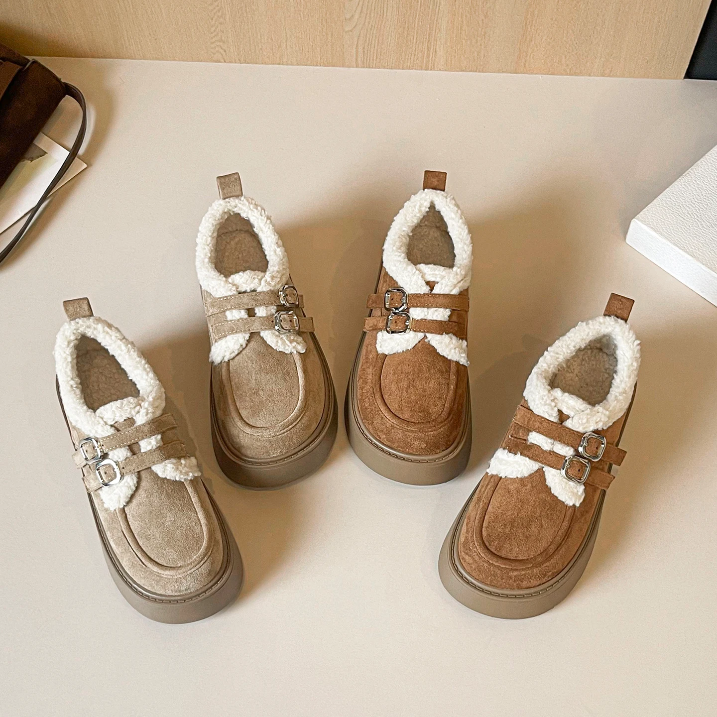 

Korean Lazy Sle Women's Furry Boots Warm Fluffy oes Winter Cold Proof Snow Boots Preppy Sle Fur Loers Deep Mouth Rubb...