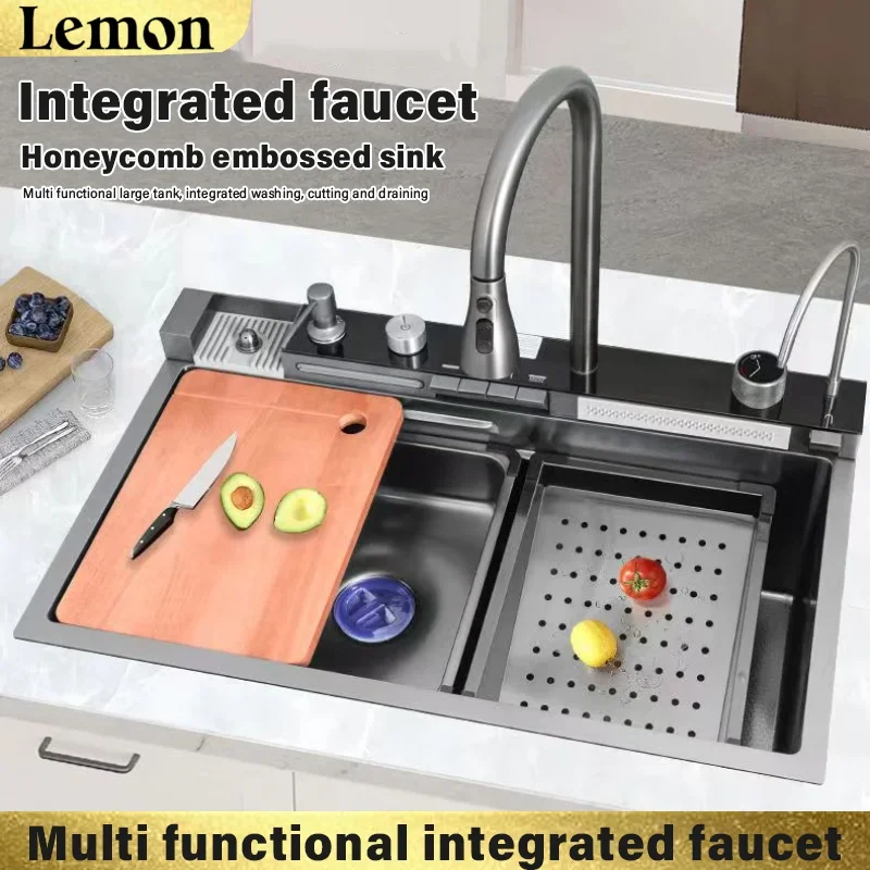 

Кухонная мойка из нержавеющей стали с цифровым дисплеем, большой одинарный отсек, водопадный/тропический душ, 5 функций, система для мытья посуды