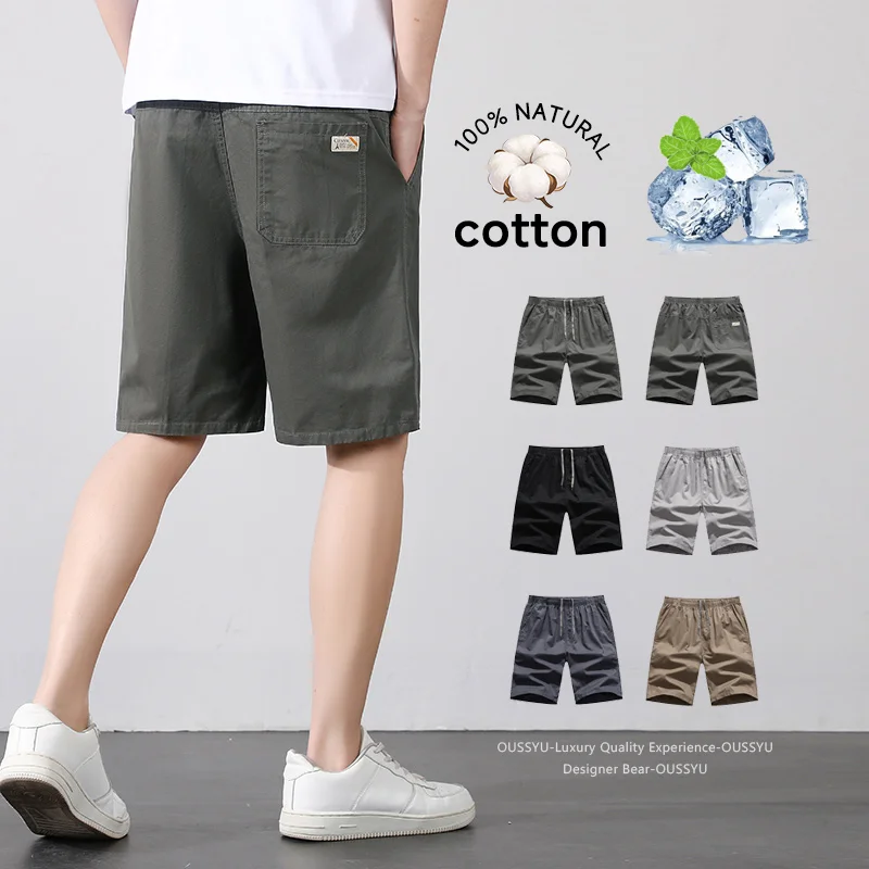Summer Breathe 100%Cotton Men's Shorts Straight Knee Pants Beach Elastic Waist Outdoor Work Beach Bermuda Short Men Plus Size