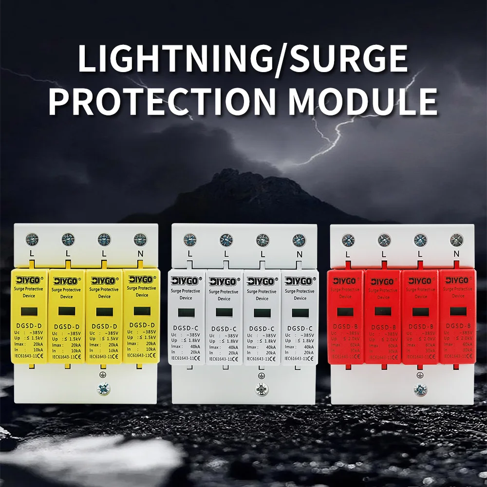 AC SPD 4P House Lightning Surge Protector 10-20KA 20-40KA 30-60KA 385V Solar PV Protective Low-voltage Arrester Device 3P+N