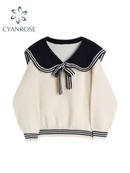 Female Long Sleeve Knitted Sweater Autumn Women Fashion Korean Harajuku Sweet Casual Loose Sailor Collar Pullover Knitwear Tops