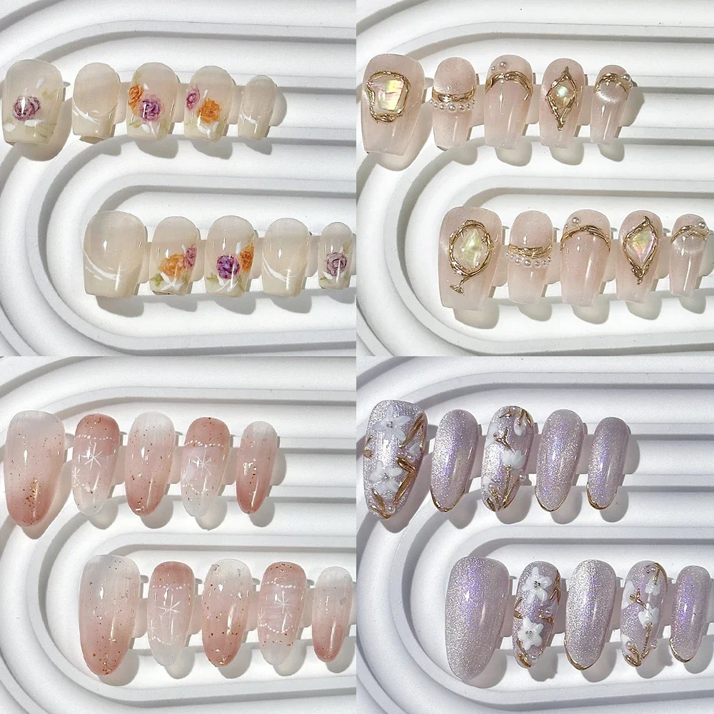 

Kawaii Gradients Aurora Cat Eyes Square Ellipse Handmade Full Cover False Nails Butterfly Flowers Pearls Wearable Fake Nails