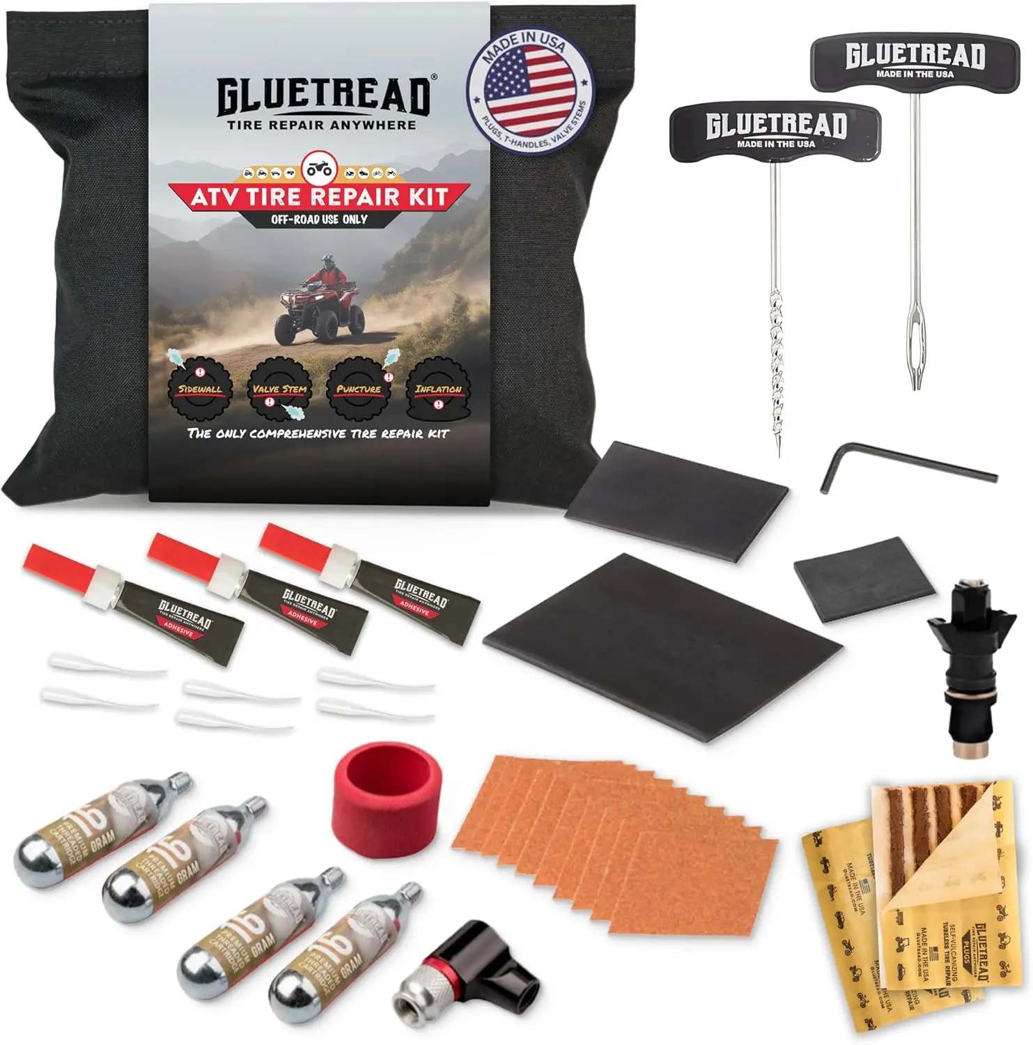 

Complete ATV Tire Repair Kit with Sidewall Patches, Valve, Plugs & CO2 Cartridges for Off-Road Emergencies